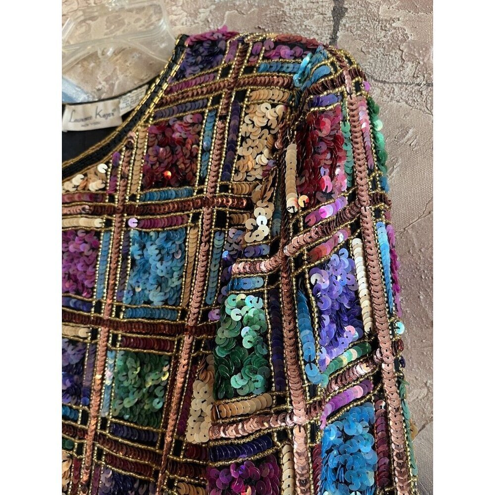 LAWRENCE KAGER SILK Rainbow Sequins 1980s Evening Jacket PL - Picture 12 of 13
